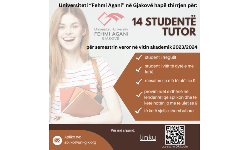Konkurs për zgjedhjen e 14 studentëve tutorë për semestrin veror të vitit akademik 2023/2024 në UFAGJ
